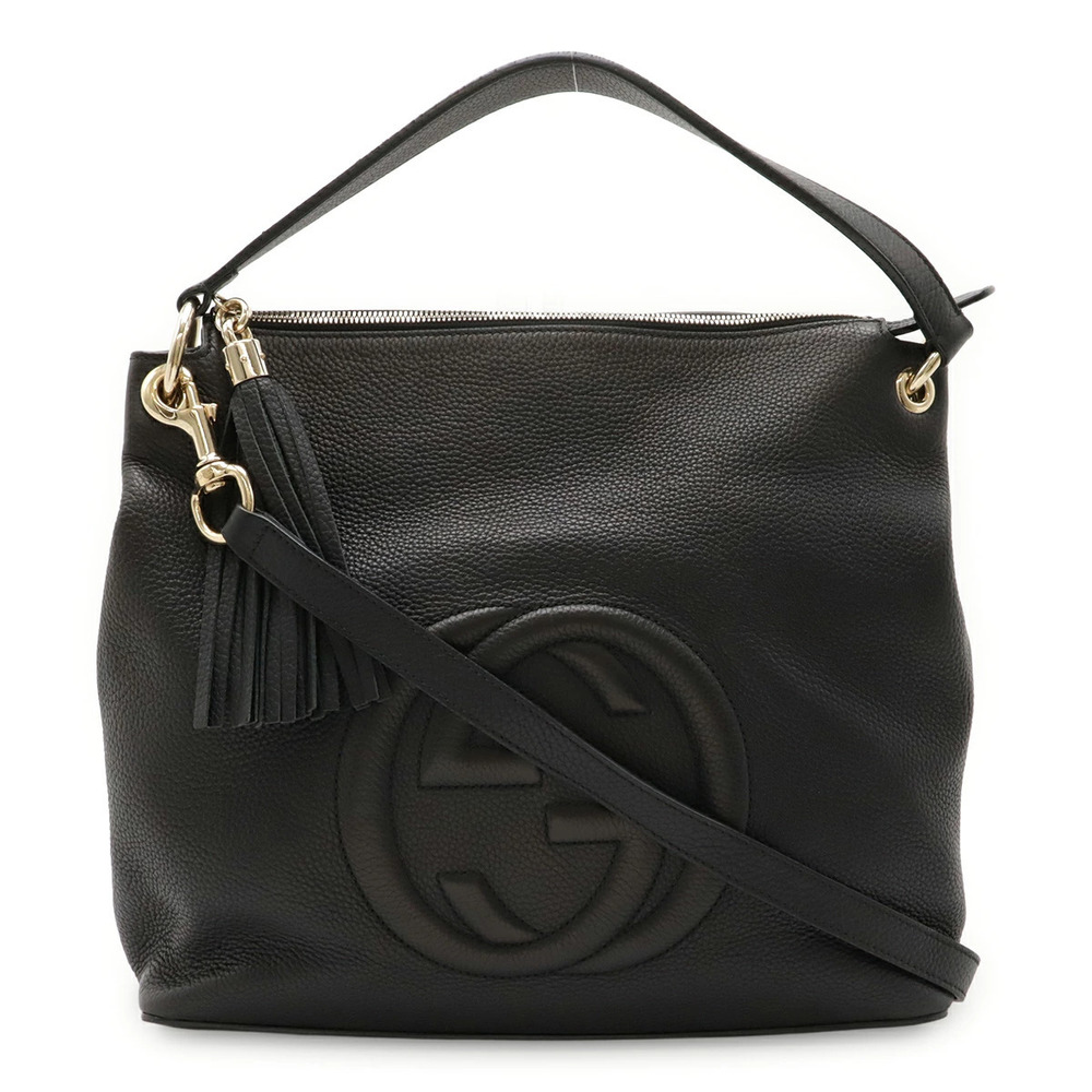 Gucci Soho Interlocking G Fringe Tassel Shoulder Bag Handbag Leather Black